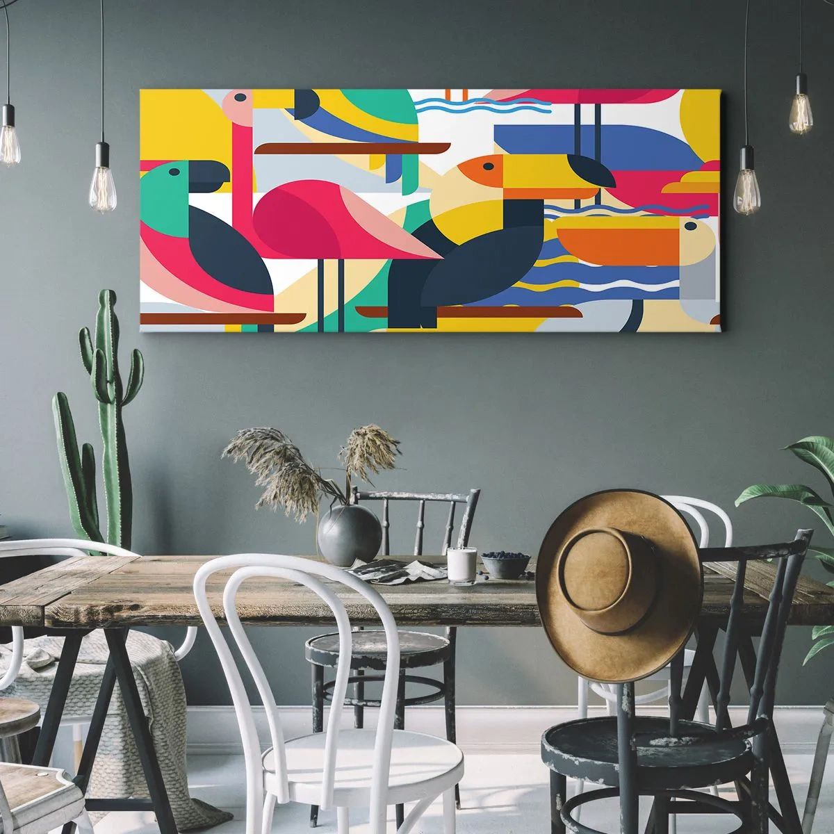Bild auf Leinwand - Leinwandbild - Bunte Vögel in einer abstrakten, geometrischen Komposition - 120x50cm - Vogelparty - Moderne Wanddekoration für Wohnzimmer und Schlafzimmer ARTTOR