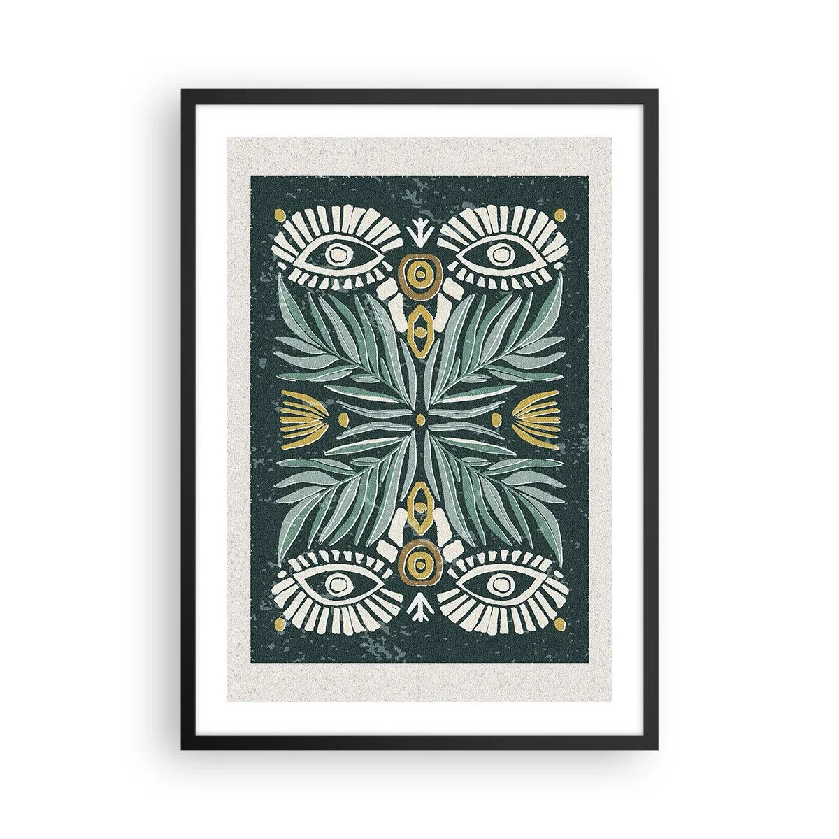 Poster in einem schwarzem Rahmen - Symmetrisches Muster mit Blättern und Augen auf dunklem Hintergrund - 50x70cm - Wie ein Volksausschnitt - Moderne Wanddekoration für Wohnzimmer und Schlafzimmer ARTTOR