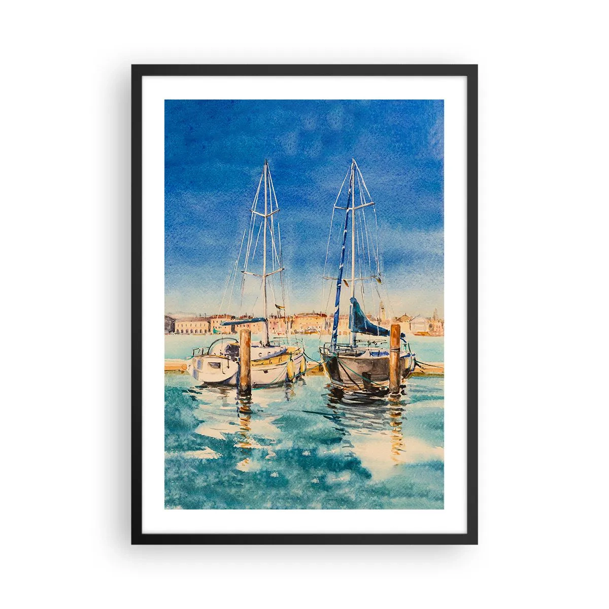 Poster in einem schwarzem Rahmen - Aquarellillustration von Segelbooten vor einer blauen Lagune an einem sonnigen Tag. - 50x70cm - Sonnige Lagune - Moderne Wanddekoration für Wohnzimmer und Schlafzimmer ARTTOR