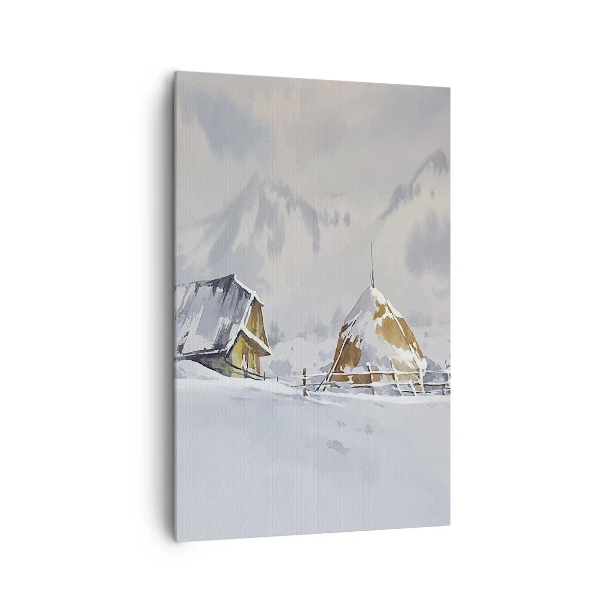Bild auf Leinwand - Leinwandbild - Winterlandschaft mit Hütte und Heuhaufen in den Bergen - 80x120cm - In einem verschneiten Talkessel - Moderne Wanddekoration für Wohnzimmer und Schlafzimmer ARTTOR