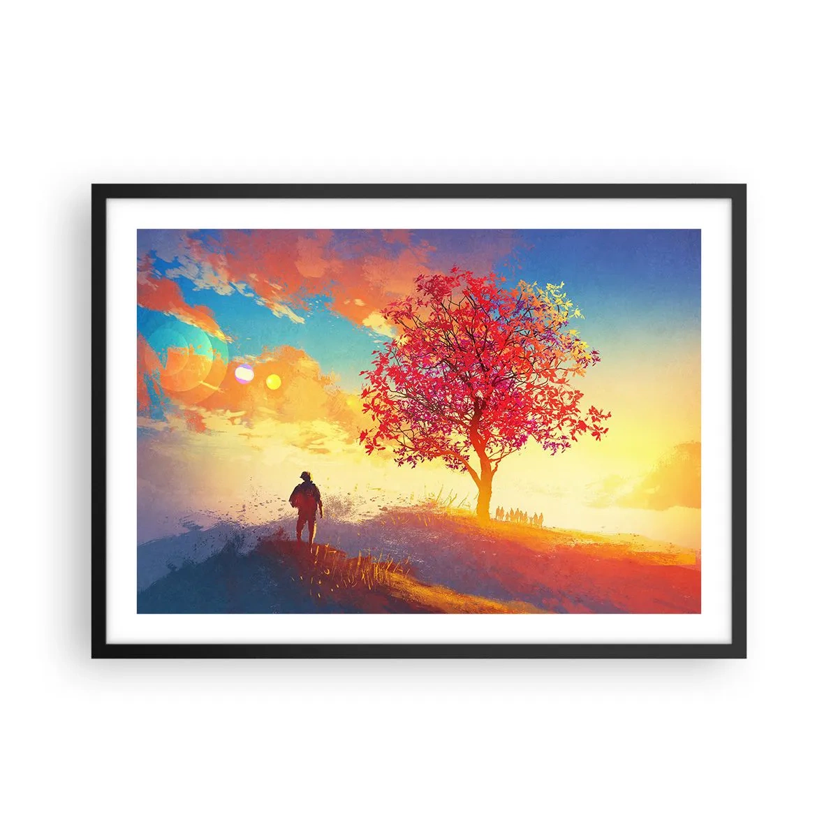 Poster in einem schwarzem Rahmen - Eine Figur auf einem Hügel neben einem bunten Baum im Licht der untergehenden Sonne - 70x50cm - Pilger am Ziel - Moderne Wanddekoration für Wohnzimmer und Schlafzimmer ARTTOR