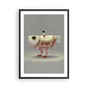 Poster in einem schwarzem Rahmen - Ein Fantasiefisch mit Sattel und Figur auf grauem Hintergrund - 50x70cm - Reiter auf einem surrealen Fisch - Moderne Wanddekoration für Wohnzimmer und Schlafzimmer ARTTOR