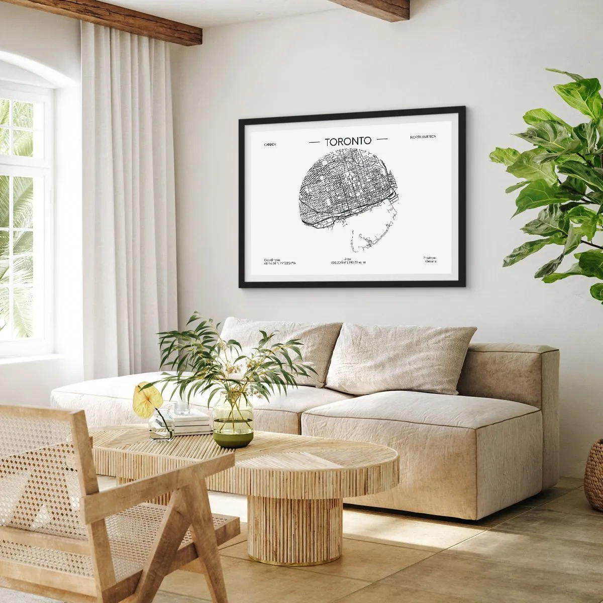 Poster in einem schwarzem Rahmen - Eine Karte von Toronto im minimalistischen Schwarz-Weiß-Stil - 70x50cm - Anatomie von Toronto - Moderne Wanddekoration für Wohnzimmer und Schlafzimmer ARTTOR