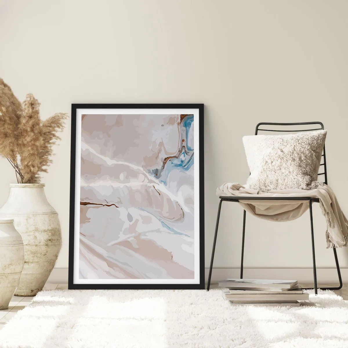 Poster in einem schwarzem Rahmen - Marmormuster in zarten Beige- und Blautönen - 50x70cm - Blau schlängelt sich unter dem Weiß - Moderne Wanddekoration für Wohnzimmer und Schlafzimmer ARTTOR