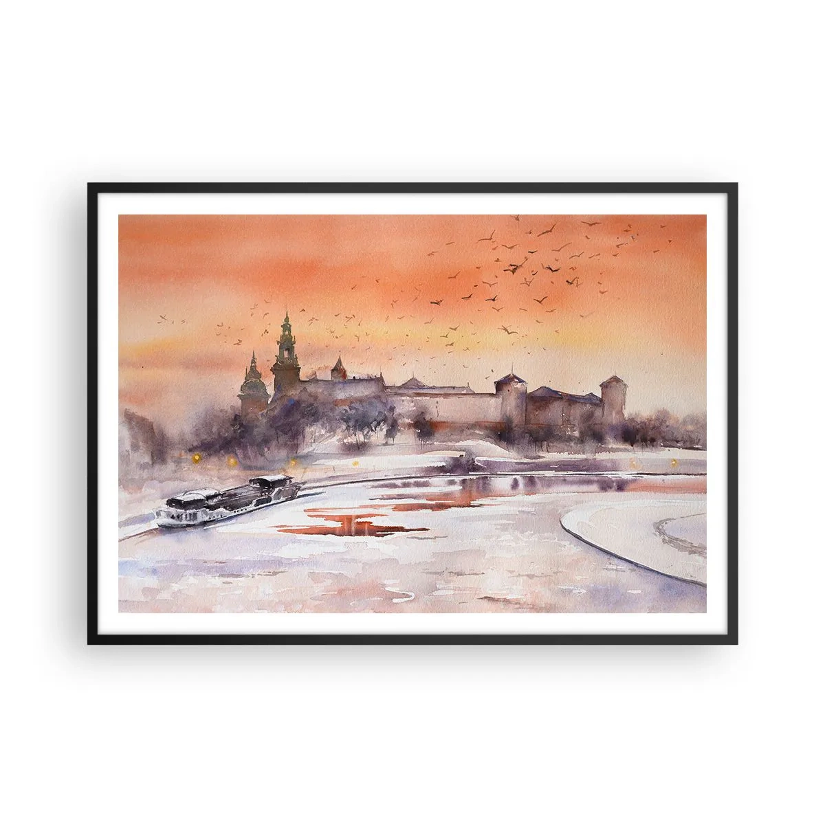 Poster in einem schwarzem Rahmen - Sonnenuntergang über dem Schloss in einer Winterlandschaft - 100x70cm - Königlicher Sonnenuntergang - Moderne Wanddekoration für Wohnzimmer und Schlafzimmer ARTTOR
