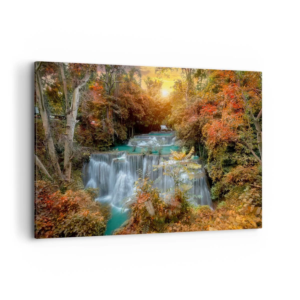 Bild auf Leinwand - Leinwandbild - Herbstlicher Wasserfall, umgeben von bunten Bäumen im Sonnenlicht - 120x80cm - Versteckter Schatz des Waldes - Moderne Wanddekoration für Wohnzimmer und Schlafzimmer ARTTOR