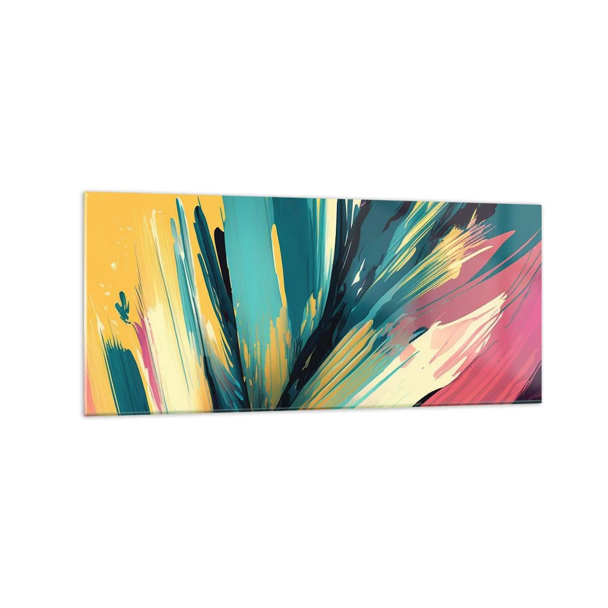 Glasbild - Bild auf glas - Eine abstrakte Komposition in intensiven und kontrastreichen Farben. - 120x50cm - Komposition – eine Explosion der Freude - Moderne Wanddekoration für Wohnzimmer und Schlafzimmer ARTTOR