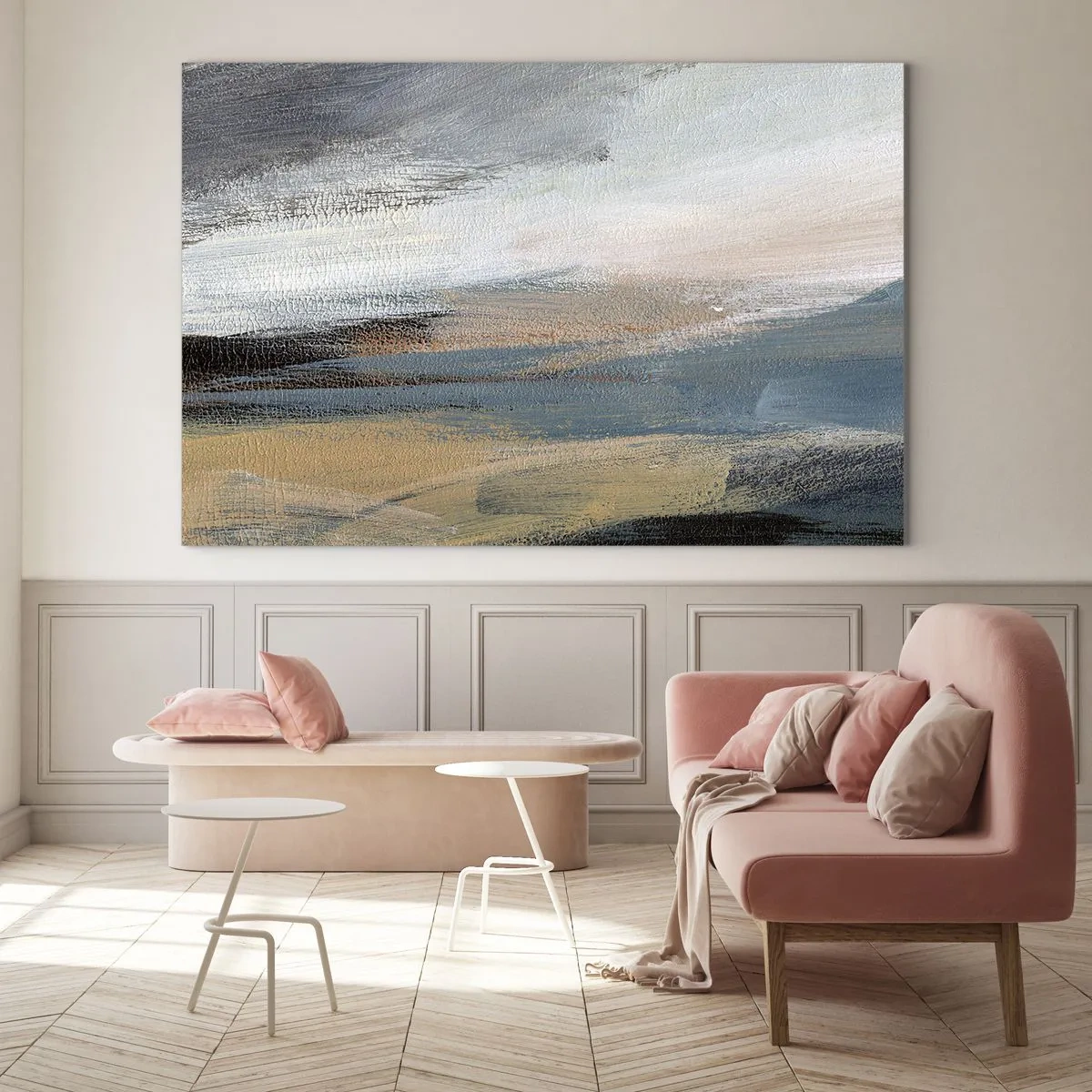 Glasbild - Bild auf glas - Eine abstrakte Landschaft in kühlen und erdigen Farben. - 100x70cm - Abstraktion: nördliche Landschaft - Moderne Wanddekoration für Wohnzimmer und Schlafzimmer ARTTOR