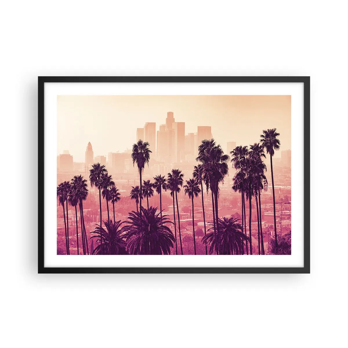 Poster in einem schwarzem Rahmen - Palmen vor der Kulisse einer urbanen Landschaft in warmen Farben - 70x50cm - Kalifornische Landschaft - Moderne Wanddekoration für Wohnzimmer und Schlafzimmer ARTTOR
