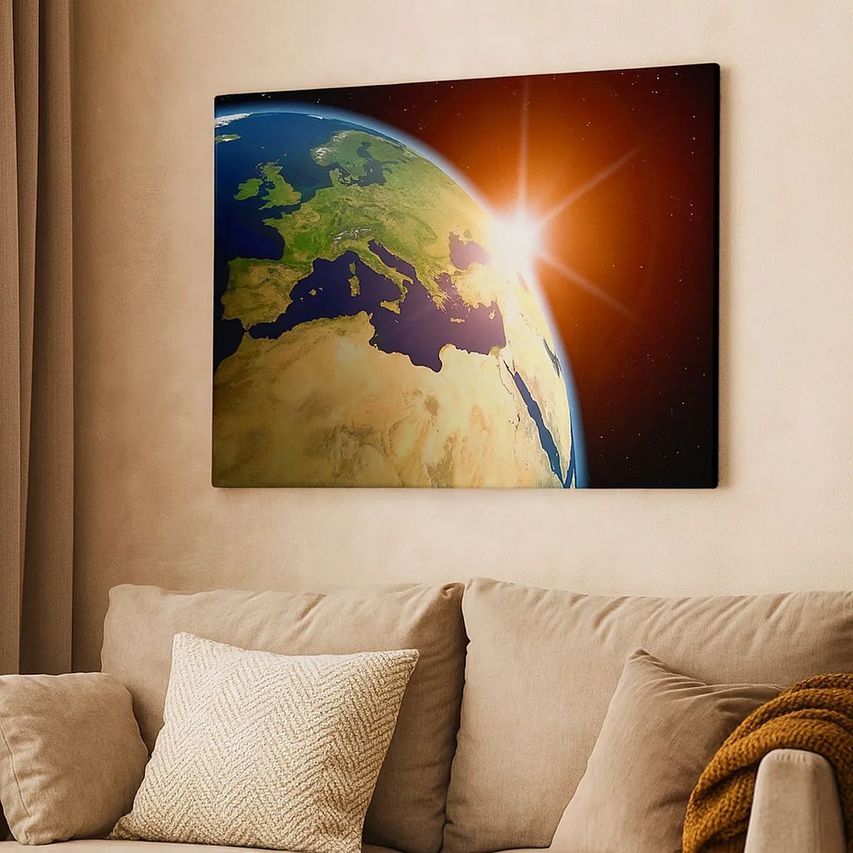 Bild auf Leinwand - Leinwandbild - Blick auf die Erde aus dem Weltraum mit Sonnenstrahlen am Horizont - 70x50cm - Sonnenaufgang - Moderne Wanddekoration für Wohnzimmer und Schlafzimmer ARTTOR