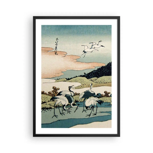 Poster in einem schwarzem Rahmen - Traditionelles japanisches Kunstwerk mit Kranichen in einer natürlichen Landschaft - 50x70cm - Im japanischen Geist - Moderne Wanddekoration für Wohnzimmer und Schlafzimmer ARTTOR