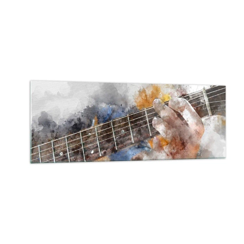 Glasbild - Bild auf glas - Abstraktes Bild einer Hand, die Gitarre spielt - 140x50cm - Poesie zwischen den Saiten - Moderne Wanddekoration für Wohnzimmer und Schlafzimmer ARTTOR