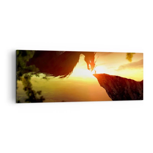 Bild auf Leinwand - Leinwandbild - Ein Drache und ein Mann auf einem Felsen im Schein der untergehenden Sonne - 140x50cm - Drachentöter - Moderne Wanddekoration für Wohnzimmer und Schlafzimmer ARTTOR
