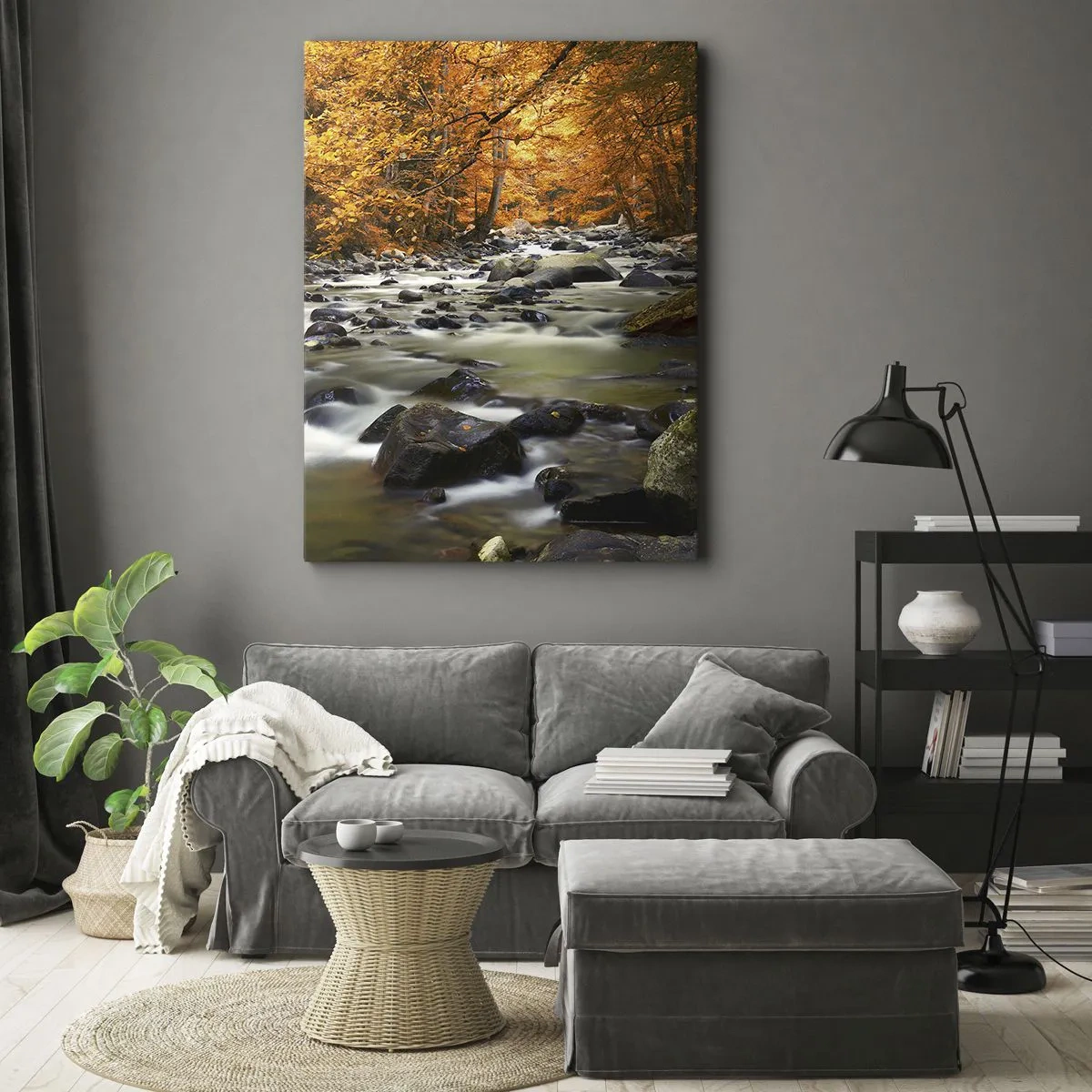 Bild auf Leinwand - Leinwandbild - Ein Bach in einem goldenen Wald - 65x120 cm