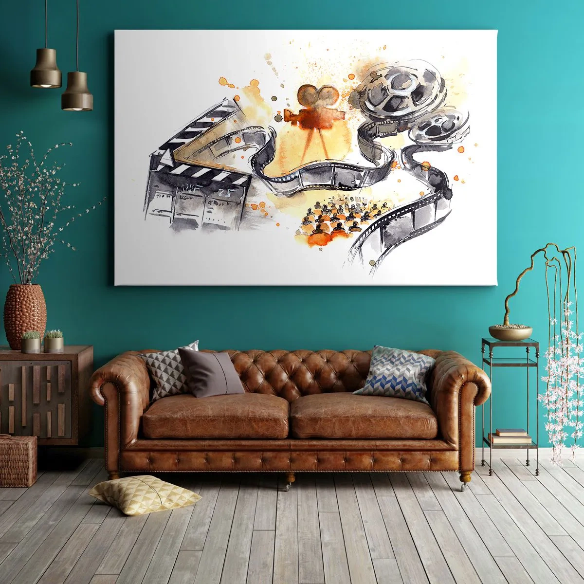 Bild auf Leinwand - Leinwandbild - Die Symbolik des Kinos mit einem Filmstreifen in einem künstlerischen Aquarell - 120x80cm - Im Land der Träume - Moderne Wanddekoration für Wohnzimmer und Schlafzimmer ARTTOR