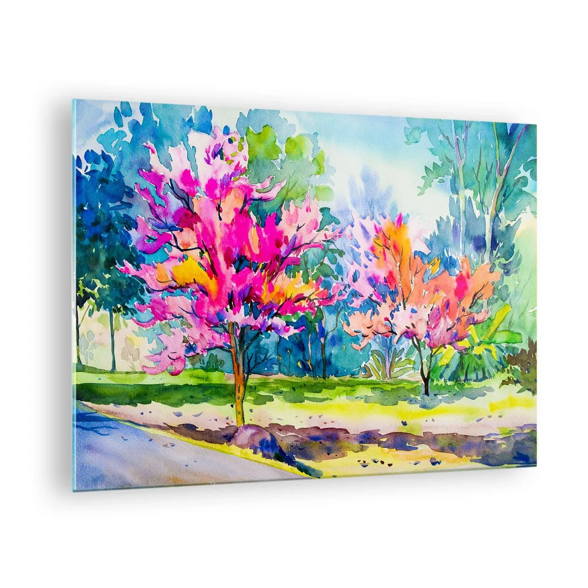 Glasbild - Bild auf glas - Bunte Bäume im Park, gemalt mit Aquarelltechnik - 70x50cm - Regenbogengarten im Frühlingslicht - Moderne Wanddekoration für Wohnzimmer und Schlafzimmer ARTTOR