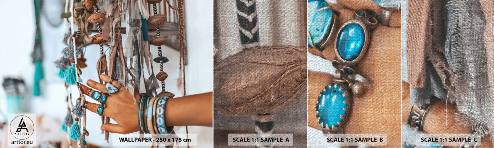 Fototapeten Muster Premium Canvas - Lokale Schätze - Frauenhand, Schmuck, Boho - 100x30 cm