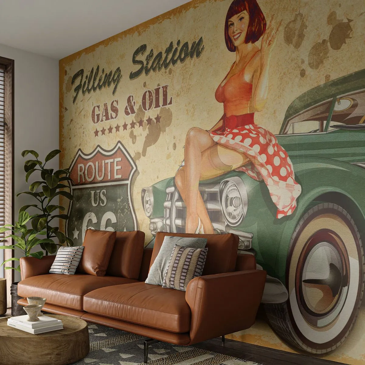 Fototapete Premium Sand - Retro-Route-66-Poster mit Pin-up-Girl und Oldtimer - 100x70cm - Die großen Jahre der 40er. - Moderne Wanddekoration für Wohnzimmer und Schlafzimmer ARTTOR
