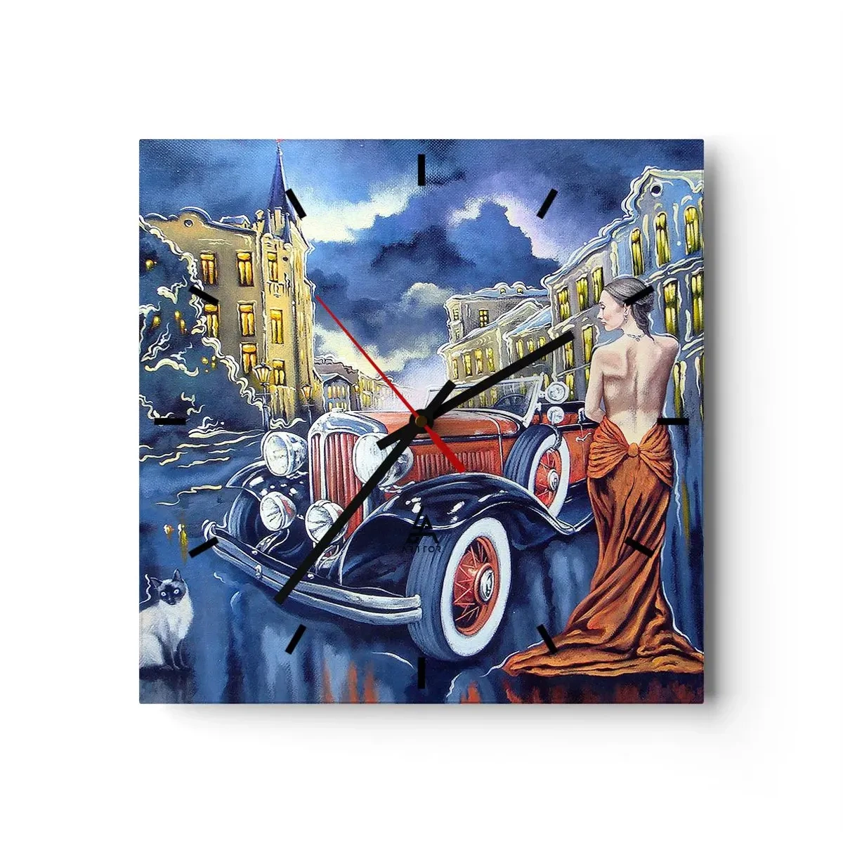 Wanduhr - Glasuhr - Eine Frau in einem eleganten Kleid neben einem Retro-Auto in der Nacht - 30x30cm - Nocturne in Blau und Koralle - Moderne Wanddekoration für Wohnzimmer und Schlafzimmer ARTTOR