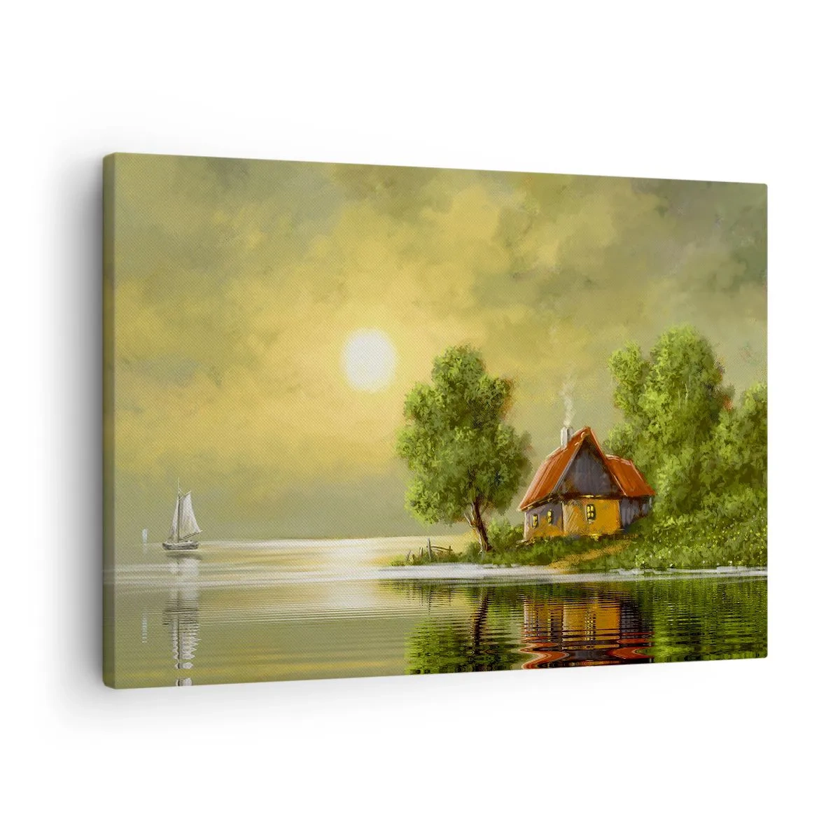 Bild auf Leinwand - Leinwandbild - Seehaus im Abendlicht - 70x50cm - Schön, wie ein Bild - Moderne Wanddekoration für Wohnzimmer und Schlafzimmer ARTTOR