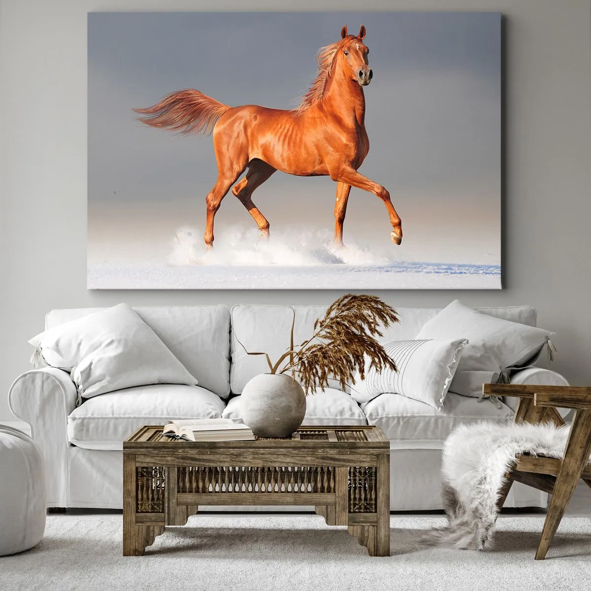 Bild auf Leinwand - Leinwandbild - Ein galoppierendes Pferd vor blauem Himmel - 70x50cm - Tanzende Anmut - Moderne Wanddekoration für Wohnzimmer und Schlafzimmer ARTTOR