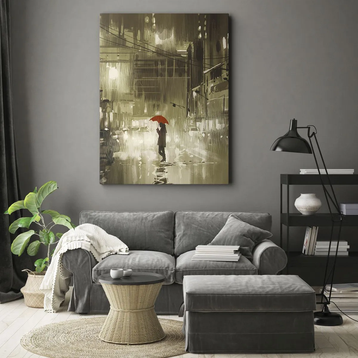 Bild auf Leinwand - Leinwandbild - Eine Figur mit einem roten Regenschirm in einer verregneten Stadt - 50x70cm - Allein aber nicht einsam - Moderne Wanddekoration für Wohnzimmer und Schlafzimmer ARTTOR
