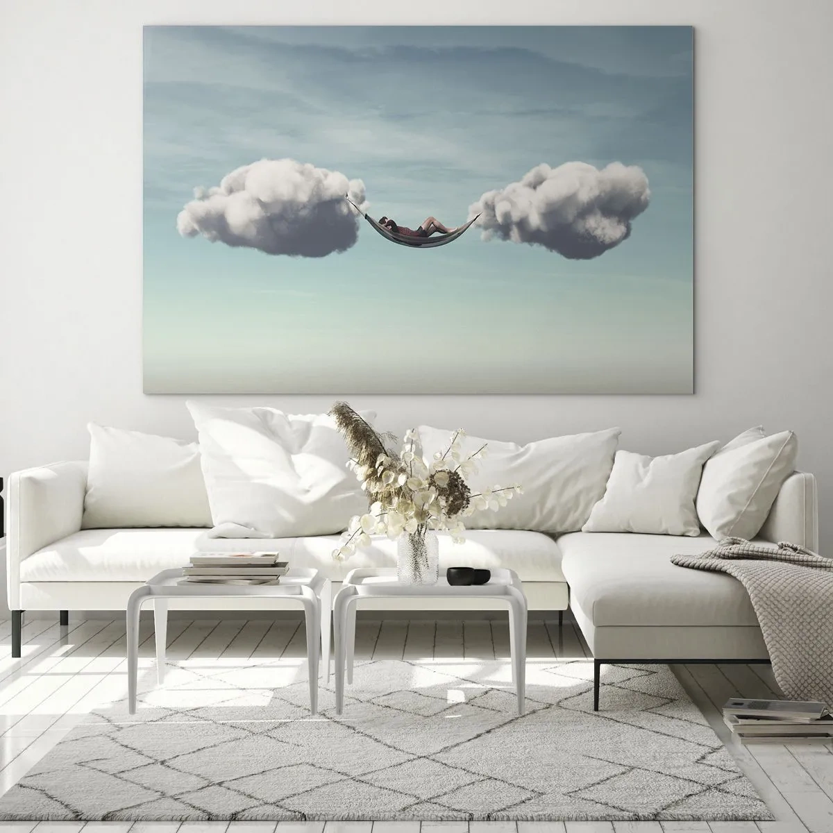 Glasbild - Bild auf glas - Wolkenhängematten in einem blauen Himmel - 120x80cm - Die Behaglichkeit des Augenblicks - Moderne Wanddekoration für Wohnzimmer und Schlafzimmer ARTTOR