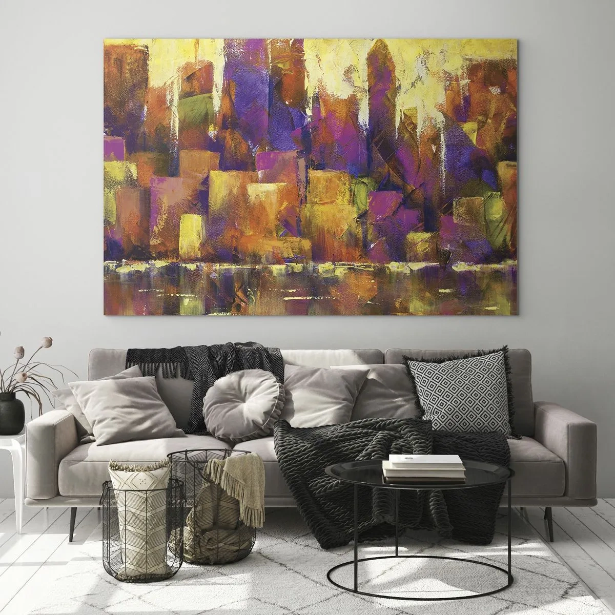 Glasbild - Bild auf glas - Eine abstrakte Metropole in warmen Farben mit violetten Akzenten. - 70x50cm - Metropolitische Komposition - Moderne Wanddekoration für Wohnzimmer und Schlafzimmer ARTTOR