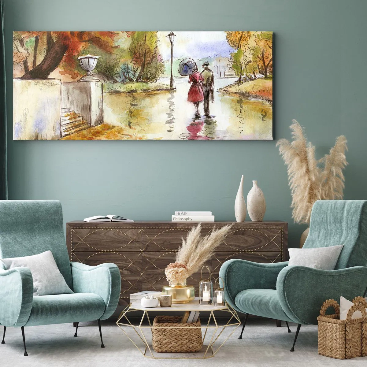 Bild auf Leinwand - Leinwandbild - Romantischer Herbst im Park - 90x30 cm