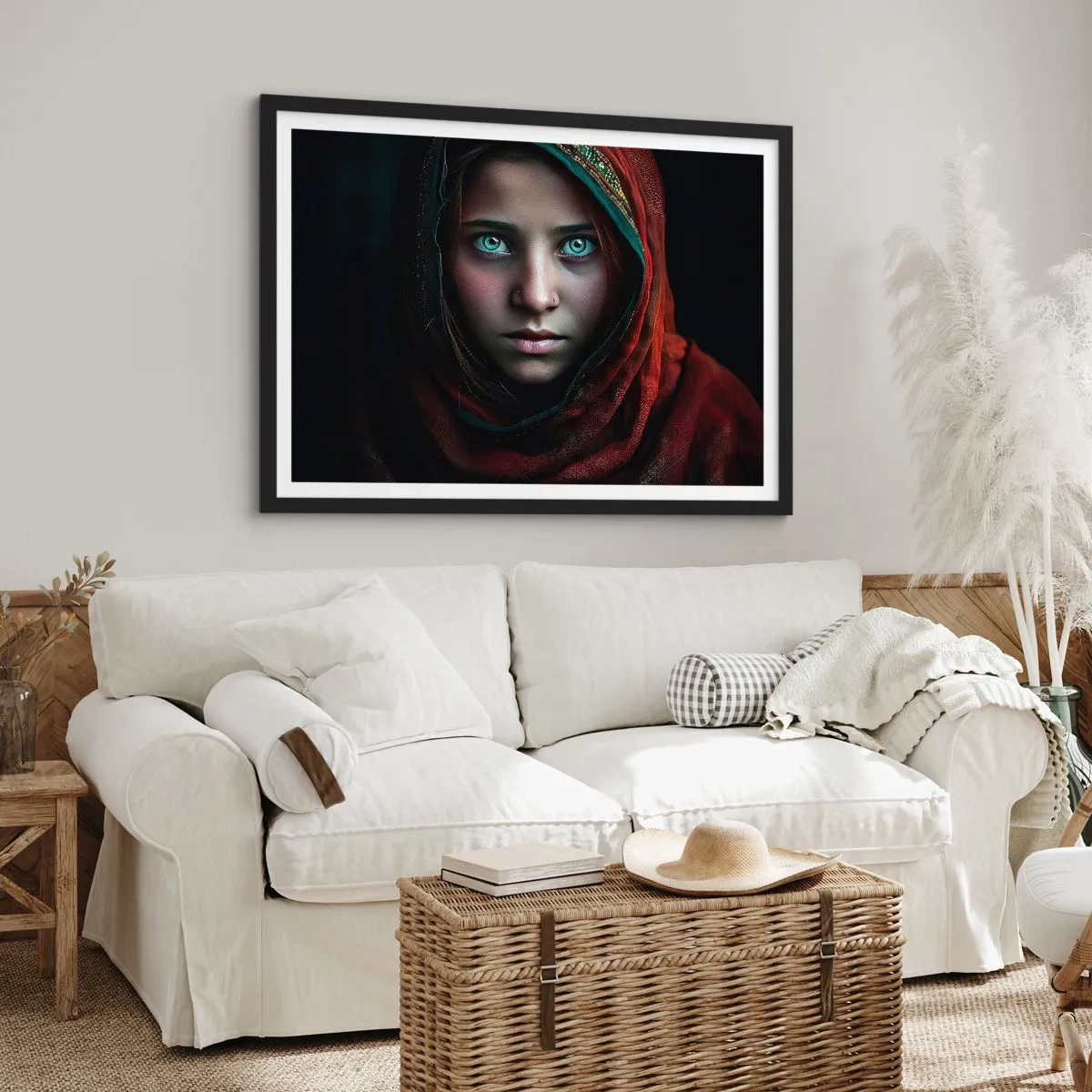 Poster in einem schwarzem Rahmen - Porträt einer Frau mit intensivem Blick in warmen Farben - 70x50cm - Prinzessin aus dem Osten - Moderne Wanddekoration für Wohnzimmer und Schlafzimmer ARTTOR