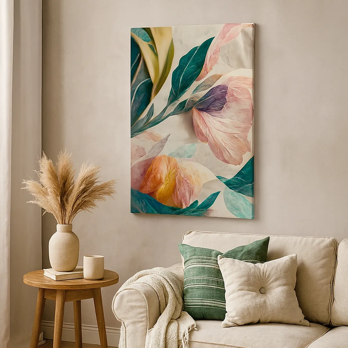 Bild auf Leinwand - Leinwandbild - Bunte Blumen im tropischen Stil auf hellem Hintergrund - 50x70cm - Blumen der südlichen Inseln - Moderne Wanddekoration für Wohnzimmer und Schlafzimmer ARTTOR