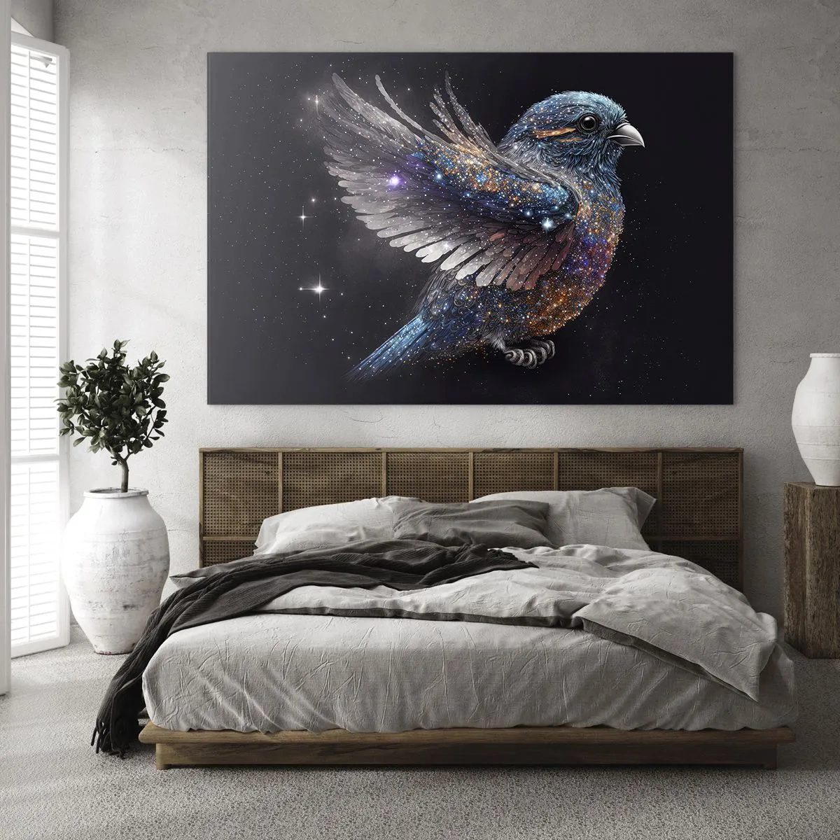 Glasbild - Bild auf glas - Space Sparrow mit Diamantglitter - 100x70cm - Diamantsperling - Moderne Wanddekoration für Wohnzimmer und Schlafzimmer ARTTOR