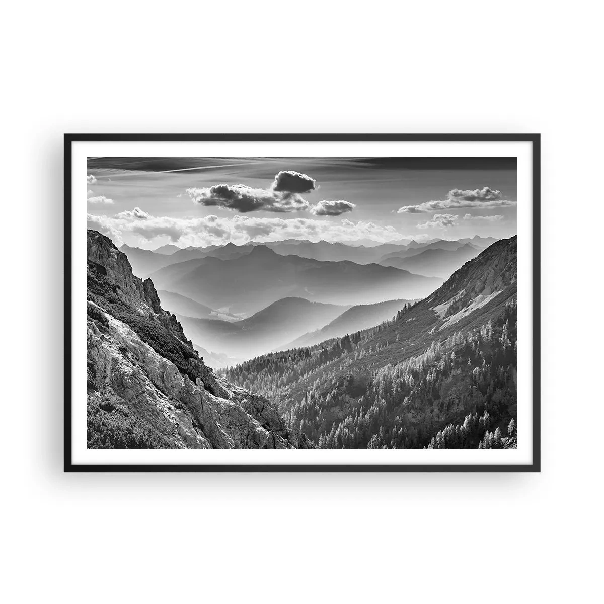 Poster in einem schwarzem Rahmen - Schwarz-weiße Berglandschaft mit Wolken über den Gipfeln - 100x70cm - Bis zum Horizont - Moderne Wanddekoration für Wohnzimmer und Schlafzimmer ARTTOR