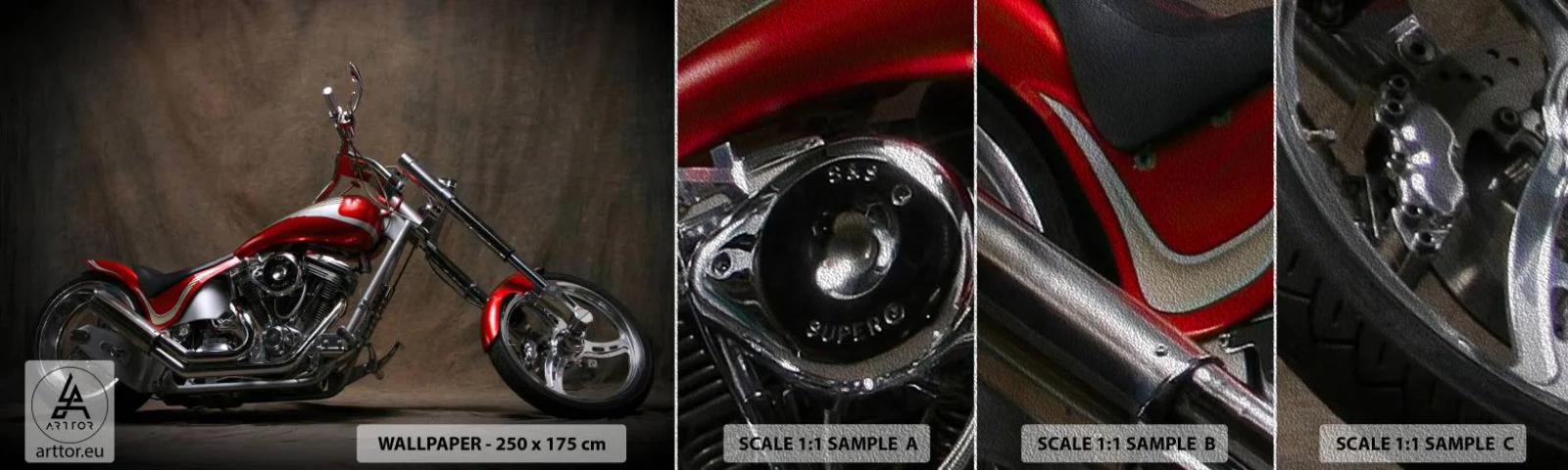 Fototapeten Muster Premium Sand - Rote und silberne Schönheit - Motorrad, Zerhacker, Automobil - 100x30 cm