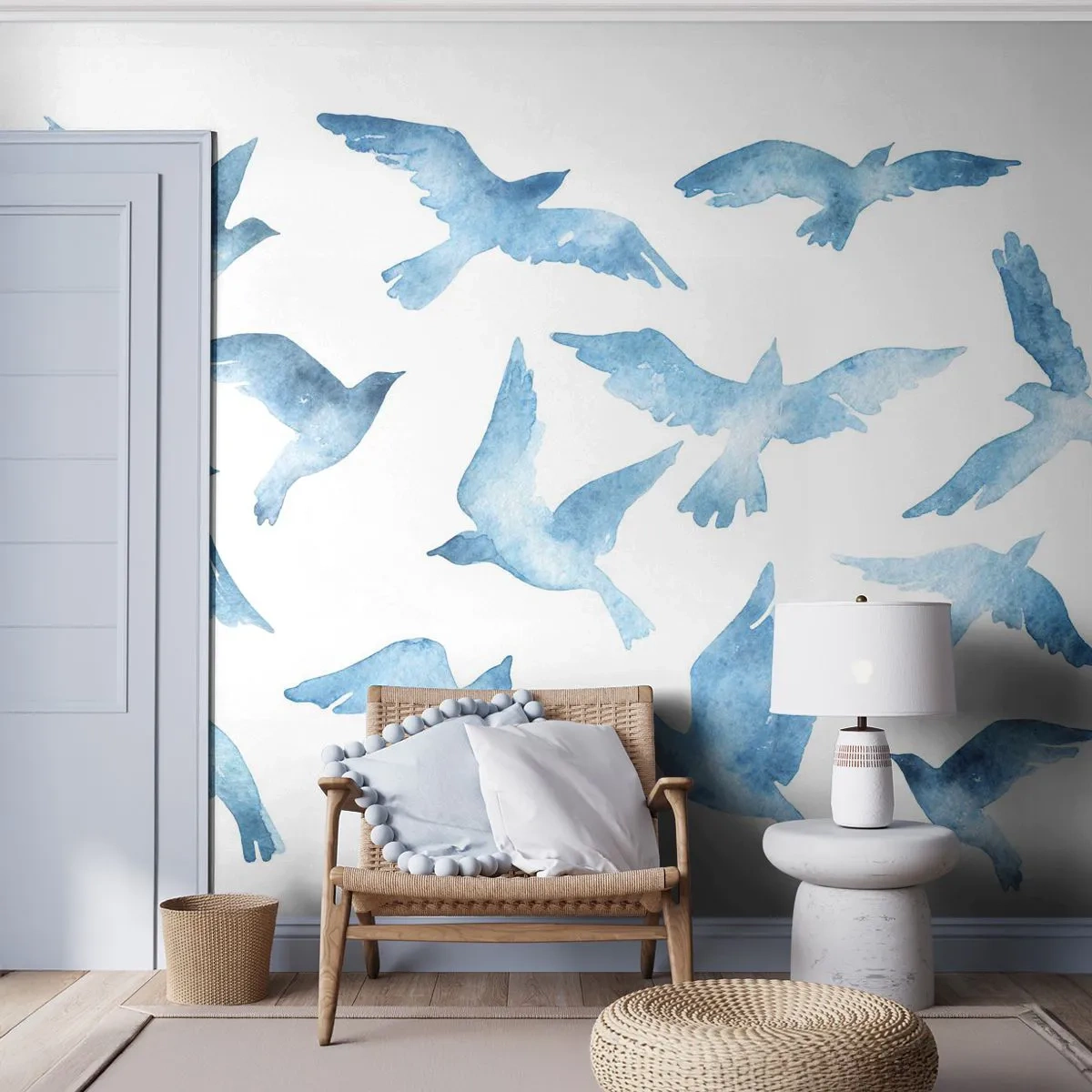 Fototapete Premium Sand - Blaue Vögel im Flug im Aquarellstil - 100x70cm - Blaue Vögel - Moderne Wanddekoration für Wohnzimmer und Schlafzimmer ARTTOR