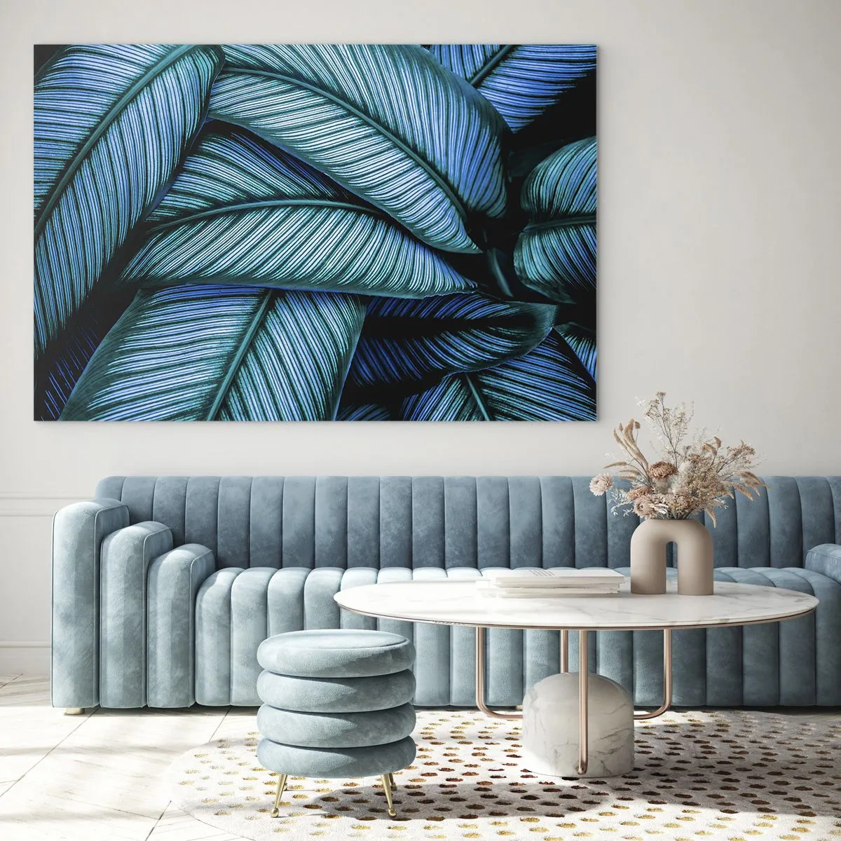 Glasbild - Bild auf glas - Eine Nahaufnahme von türkisfarbenen Blättern mit intensiver Textur. - 120x80cm - Lebenslinien - Moderne Wanddekoration für Wohnzimmer und Schlafzimmer ARTTOR