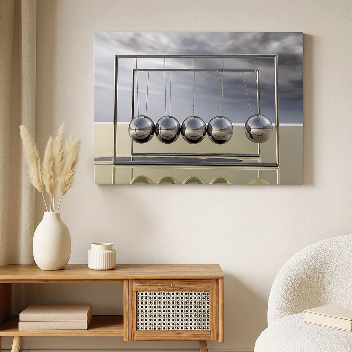 Bild auf Leinwand - Leinwandbild - Newtons Kugeln in minimalistischem Ambiente mit Lichtreflexen - 70x50cm - Die Energie der Welt - Moderne Wanddekoration für Wohnzimmer und Schlafzimmer ARTTOR