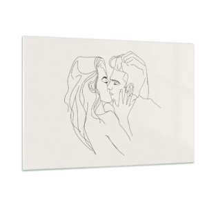 Glasbild - Bild auf glas - Ein sinnlicher Kuss eines Paares in der Konturlinie - 120x80cm - Verstrickt im Gefühl - Moderne Wanddekoration für Wohnzimmer und Schlafzimmer ARTTOR
