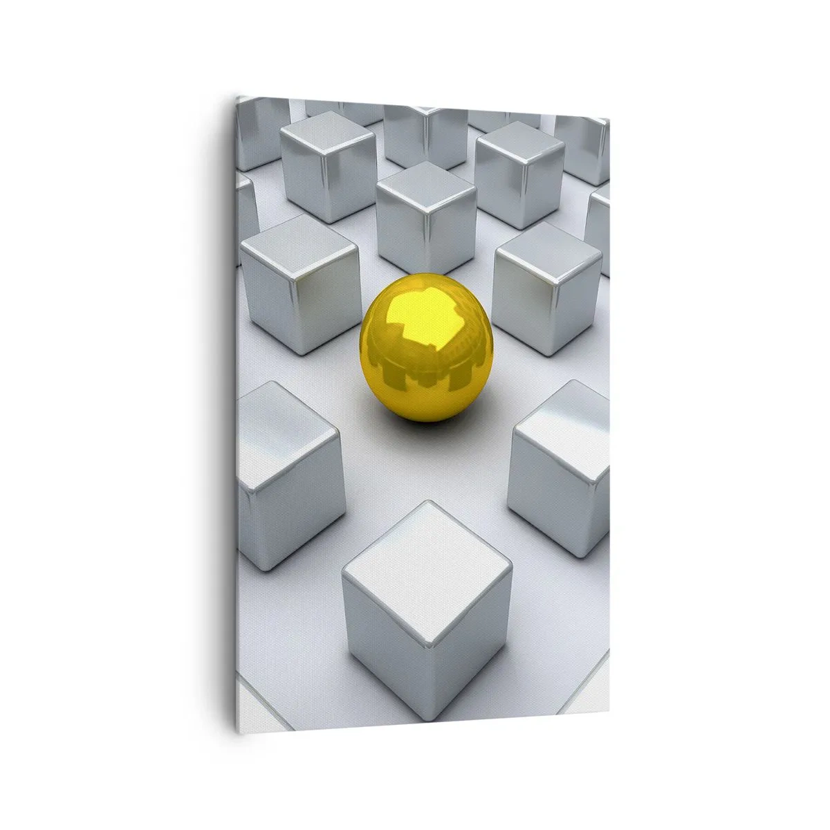 Bild auf Leinwand - Leinwandbild - Eine goldene Kugel, die zwischen den silbernen Würfeln hervorsticht - 80x120cm - Warum ich? Geometrische Zusammensetzung - Moderne Wanddekoration für Wohnzimmer und Schlafzimmer ARTTOR