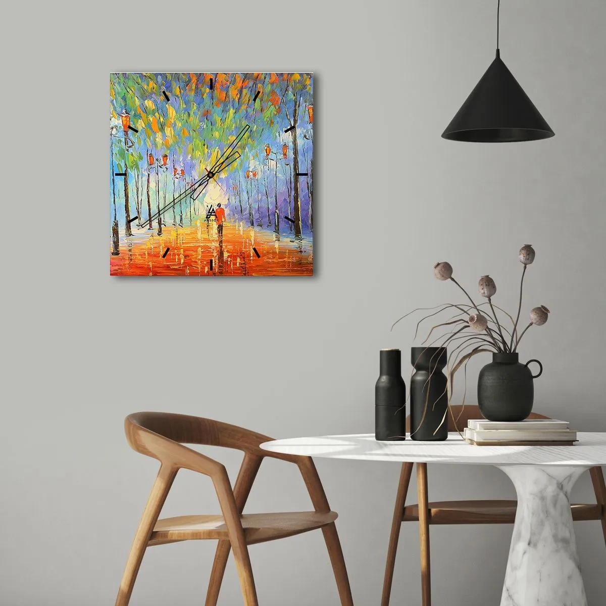 Wanduhr - Glasuhr - Ein malerischer Spaziergang zwischen den Laternen in einer regnerischen Nacht - 30x30cm - Nachtlied des Regens - Moderne Wanddekoration für Wohnzimmer und Schlafzimmer ARTTOR