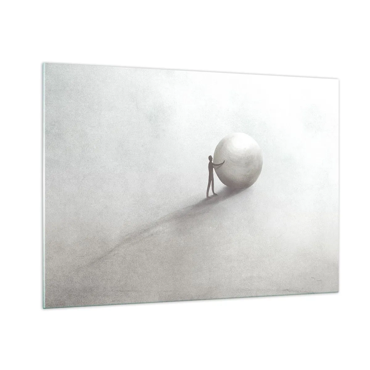 Glasbild - Bild auf glas - Eine minimalistische Silhouette eines Mannes mit einem großen Ball auf hellem Hintergrund. - 100x70cm - Das Spiel des Lebens - Moderne Wanddekoration für Wohnzimmer und Schlafzimmer ARTTOR