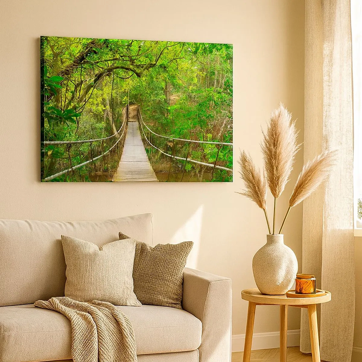 Bild auf Leinwand - Leinwandbild - Eine Hängebrücke umgeben von einem grünen Regenwald - 70x50cm - Denn im Garten gibt es eine Schlingpflanze - Moderne Wanddekoration für Wohnzimmer und Schlafzimmer ARTTOR