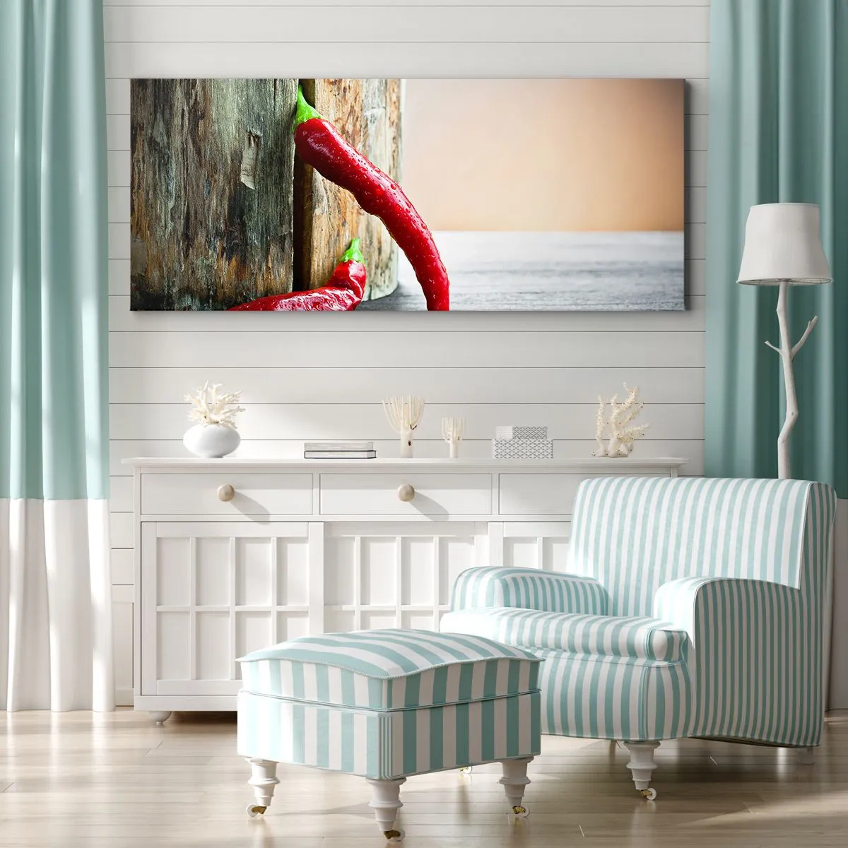 Bild auf Leinwand - Leinwandbild - Zwei rote Chilischoten auf einem hölzernen Hintergrund mit rustikalem Akzent - 160x50cm - Red hot chili peppers - Moderne Wanddekoration für Wohnzimmer und Schlafzimmer ARTTOR