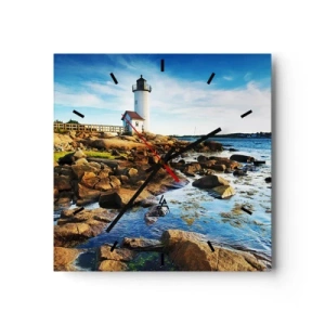 Wanduhr - Glasuhr - Ein Leuchtturm an einer felsigen Küste an einem sonnigen Tag - 30x30cm - Komm glücklich zurück, ich warte - Moderne Wanddekoration für Wohnzimmer und Schlafzimmer ARTTOR