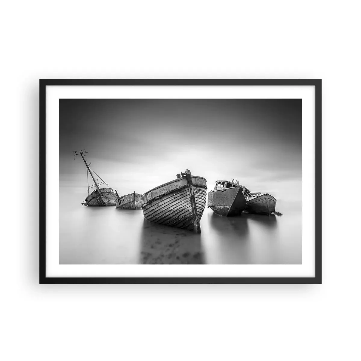 Poster in einem schwarzem Rahmen - Verlassene Boote auf ruhigem Wasser - 70x50cm - Nur Erinnerungen ... - Moderne Wanddekoration für Wohnzimmer und Schlafzimmer ARTTOR