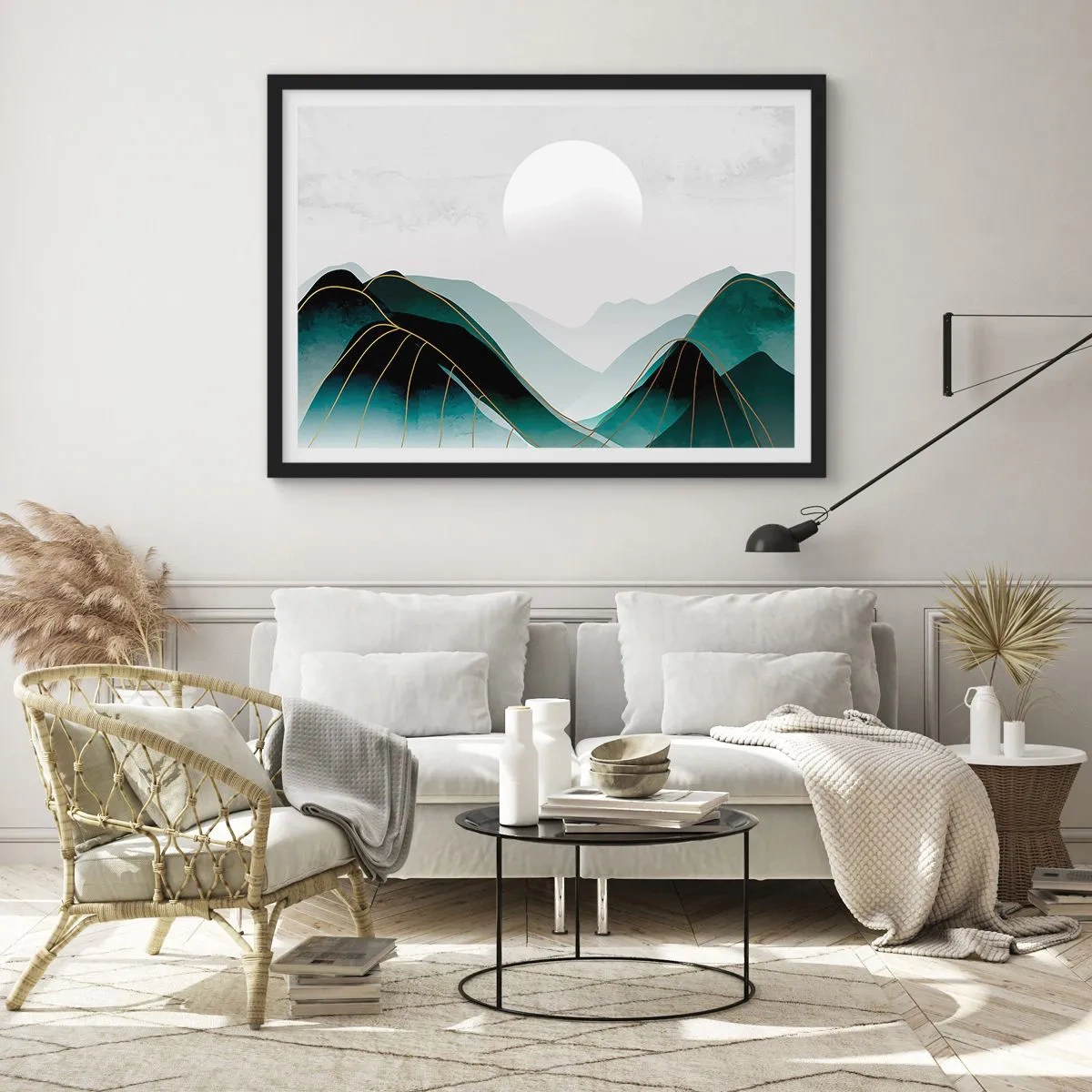 Poster in einem schwarzem Rahmen - Abstrakte Berglandschaft mit Mond und goldenen Linien - 70x50cm - In voller Majestät - Moderne Wanddekoration für Wohnzimmer und Schlafzimmer ARTTOR