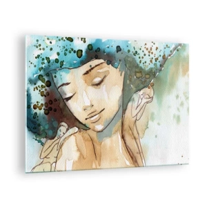 Glasbild - Bild auf glas - Aquarellporträt einer Frau mit geschlossenen Augen - 70x50cm - Dame in Blau - Moderne Wanddekoration für Wohnzimmer und Schlafzimmer ARTTOR