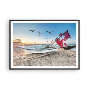 Poster in einem schwarzem Rahmen - Ein Boot am Strand im Morgengrauen mit Möwen und roten Fahnen - 100x70cm - Wohlverdiente Ruhe - Moderne Wanddekoration für Wohnzimmer und Schlafzimmer ARTTOR