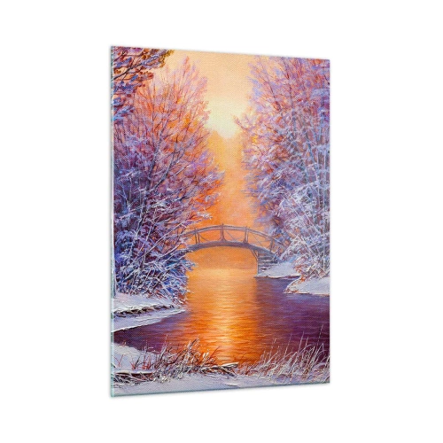 Glasbild - Bild auf glas - Winterlandschaft mit Brücke und schneebedeckten Bäumen bei Sonnenuntergang - 50x70cm - Treffen wir uns hier - Moderne Wanddekoration für Wohnzimmer und Schlafzimmer ARTTOR