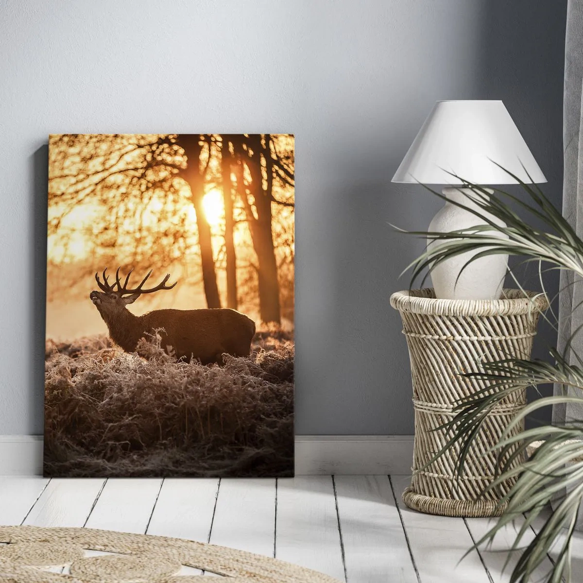 Bild auf Leinwand - Leinwandbild - Zwei Hirsche bei Sonnenuntergang in einer Winterlandschaft - 50x70cm - Der Traum eines Jägers - Moderne Wanddekoration für Wohnzimmer und Schlafzimmer ARTTOR